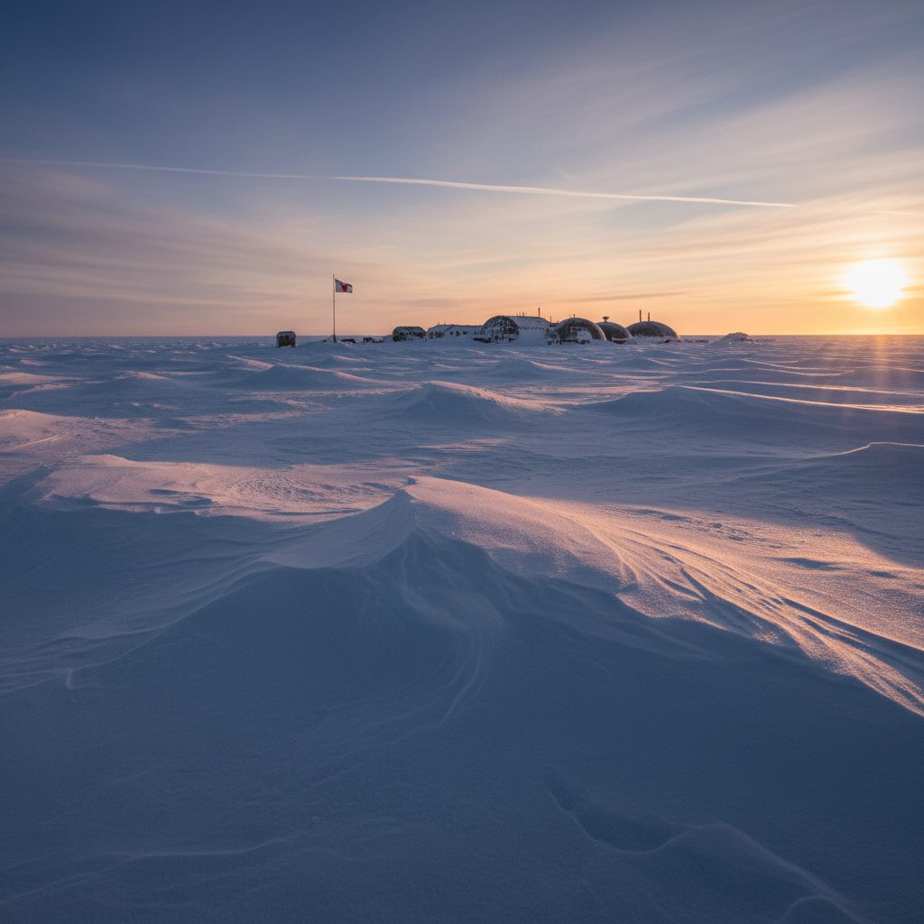 South Pole research station on the Antarctic plateau at sunset, illustrating which pole is colder, north or south.