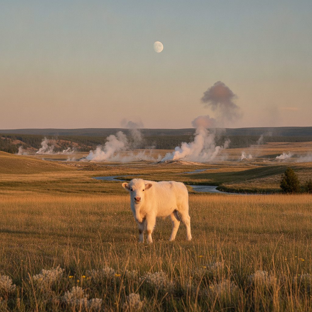 White buffalo calf in golden Yellowstone grasslands with full moon rising at twilight, fulfilling Lakota prophecy.