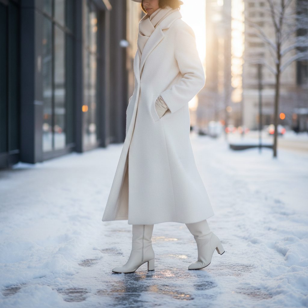 Stylish person walking confidently on a snowy city street in a long white wool coat and white leather boots in soft winter afternoon light.
