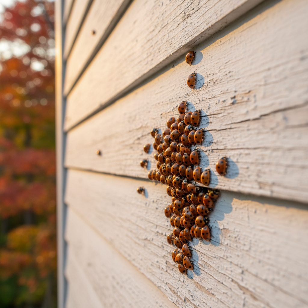 Cluster of ladybugs sunning on a south-facing white farmhouse wall on a warm October afternoon, the same scene that triggers fall ladybug swarms across North America
