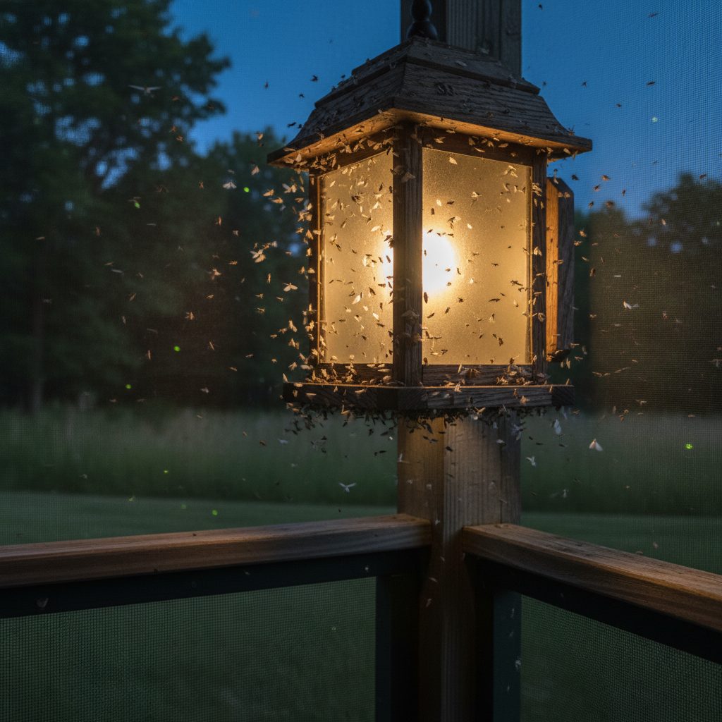 Moths and night-flying insects orbiting a glowing porch light on a summer evening, showing why bugs are attracted to light.