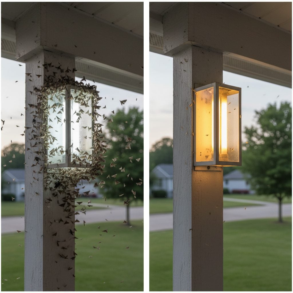White porch bulb swarmed with moths next to a yellow bug-light bulb left alone, illustrating why bugs are attracted to light at certain wavelengths.