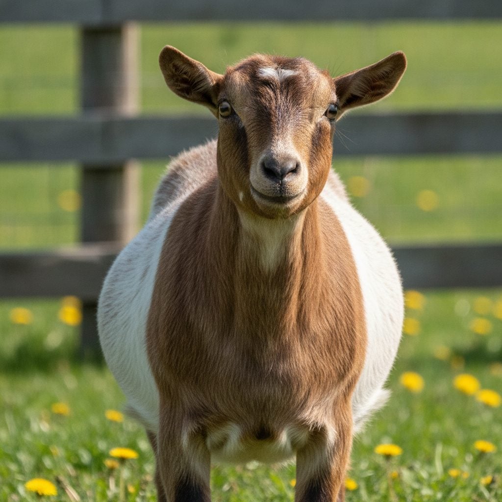 A short stocky myotonic fainting goat standing in a sunny farm pasture by a wooden fence, the breed behind fainting goats