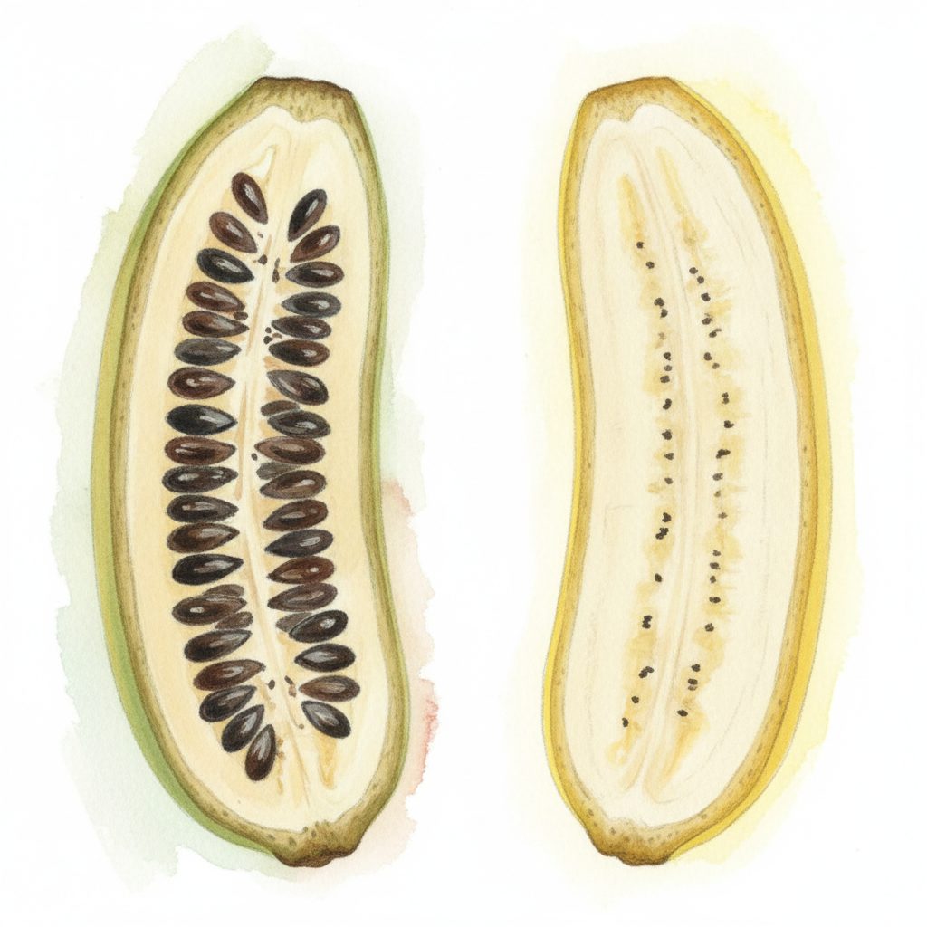 Painted scientific comparison of a wild banana with large hard seeds and a modern seedless Cavendish banana shown in cross-section.