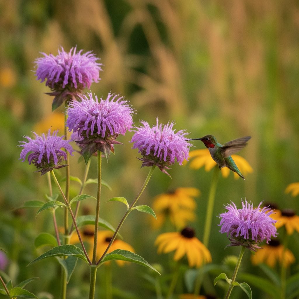 Tall purple wild bergamot (Monarda fistulosa) flowers in full bloom in a North American native plant garden with a hummingbird approaching one flower.