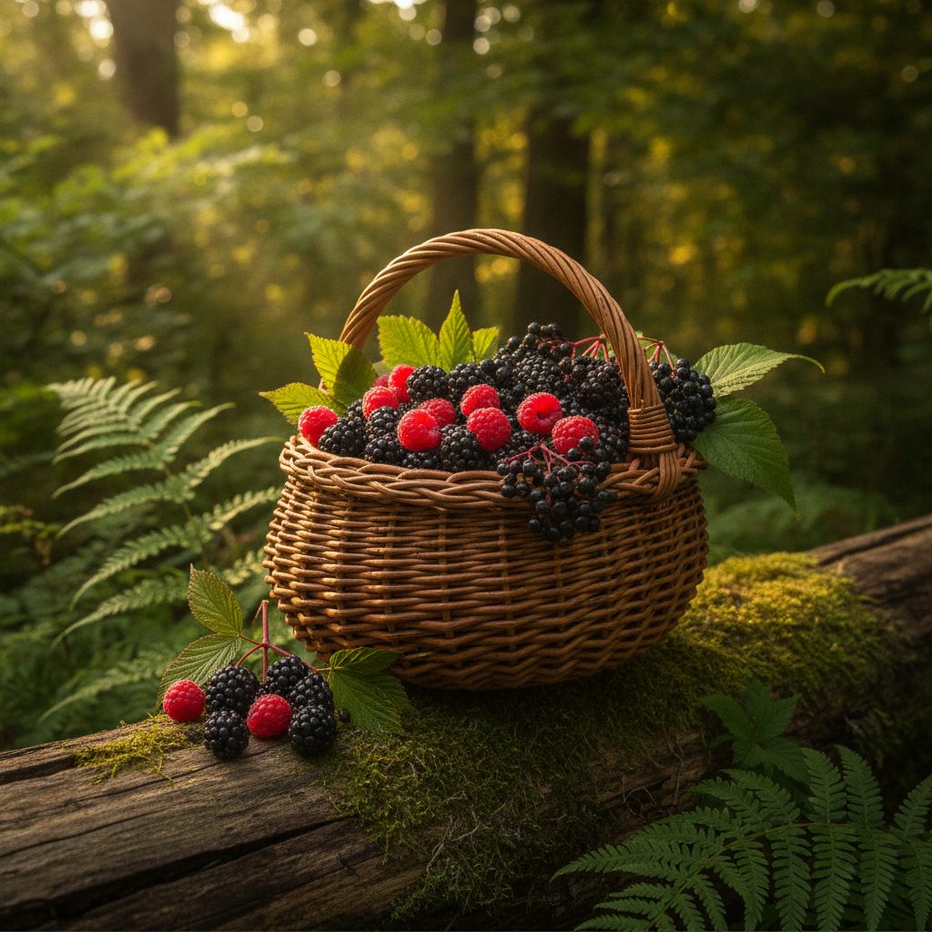 Wicker foraging basket with fresh wild blackberries, red raspberries, and purple elderberry clusters on a mossy log in a sun-dappled summer forest edge.