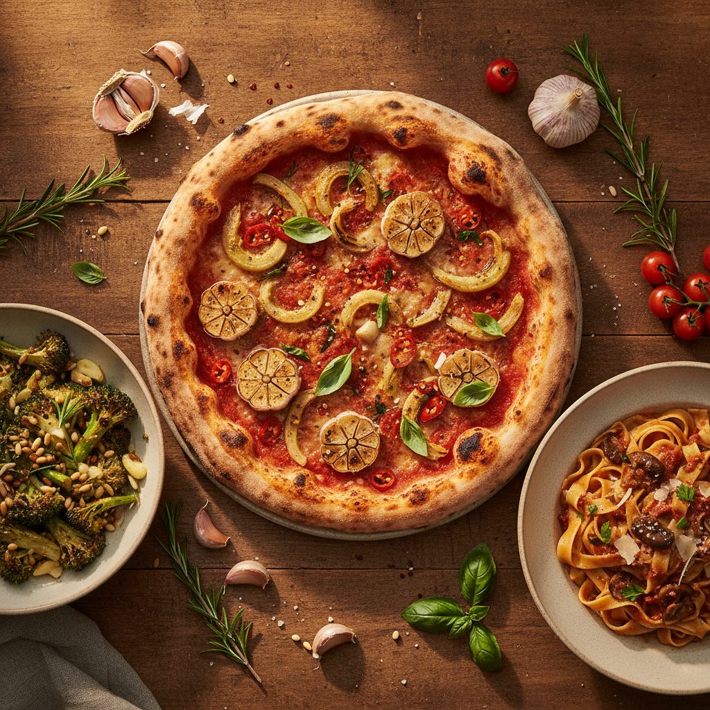 Three garlic recipes: arrabbiata pizza broccoli salad and mushroom pappardelle with roasted garlic