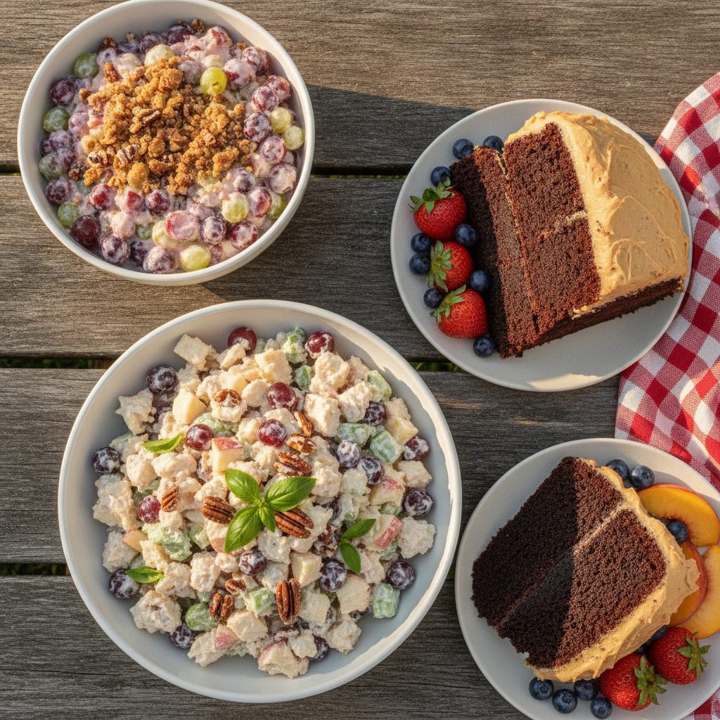 Three winning summer recipes plated: apple chicken salad, grape salad with pecan topping, and Black Magic chocolate cake with peanut butter frosting