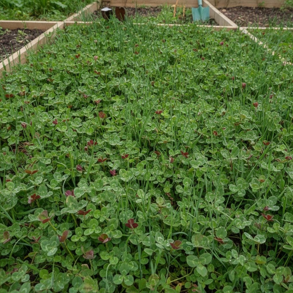 Healthy winter cover crop of crimson clover and winter rye growing in a vegetable garden bed, an organic nitrogen-fixing fertilizer alternative.