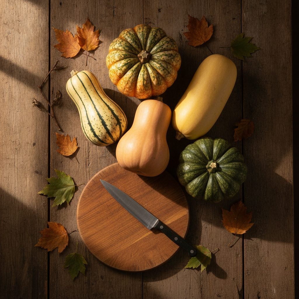Five winter squash varieties on a wooden table: butternut, delicata, turban, spaghetti, and acorn squash