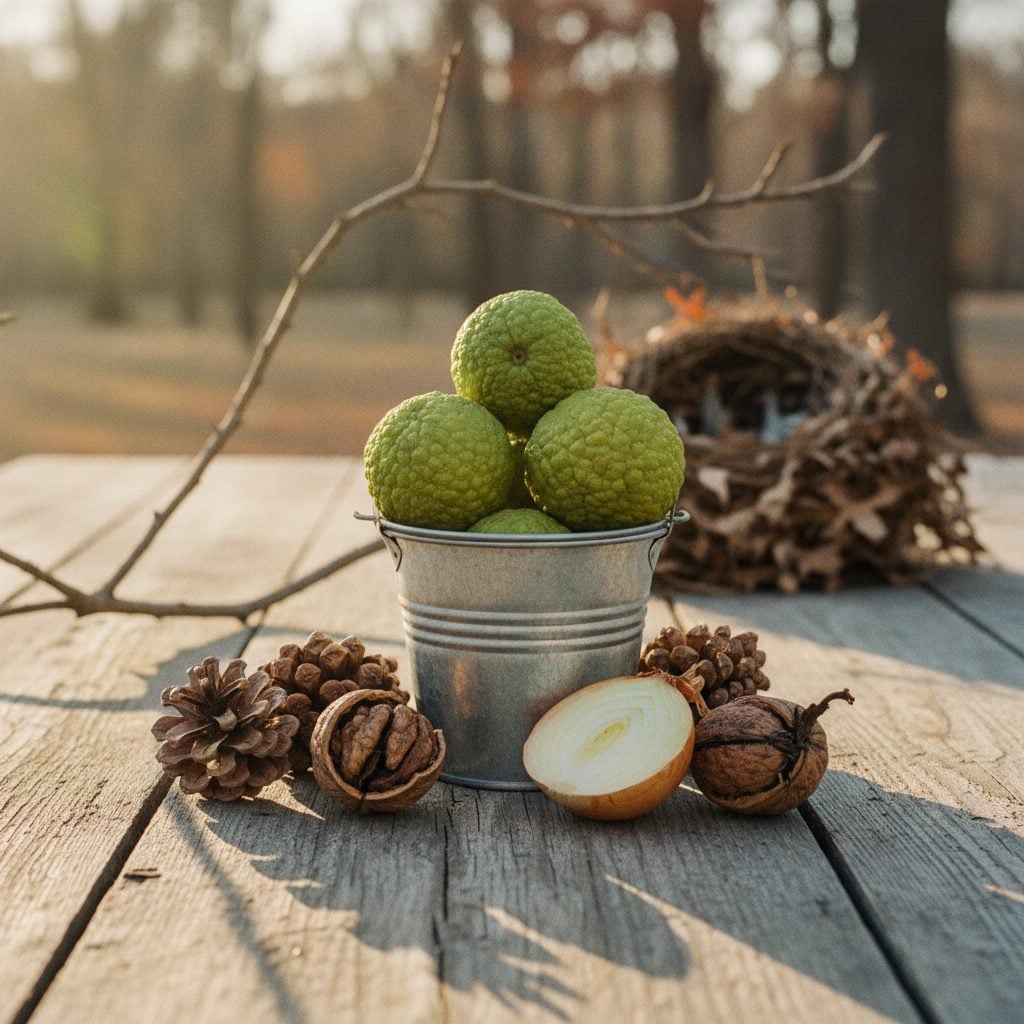 Five natural winter weather forecasters on a farmhouse table: hedge apples, pine cones, walnuts, onion skin, and a distant squirrel drey.