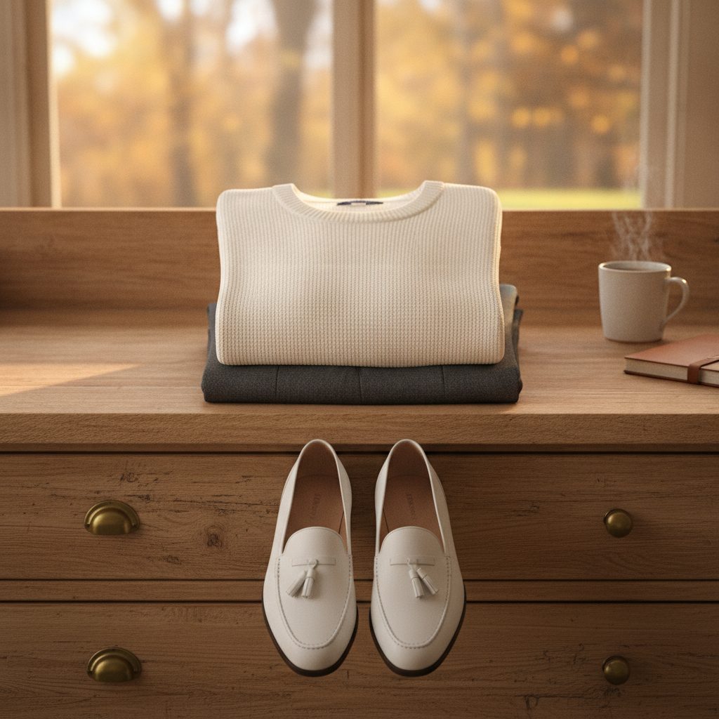 Modern outfit with white cashmere sweater, dark wool pants, and white leather loafers on a wooden dresser in soft autumn morning light.
