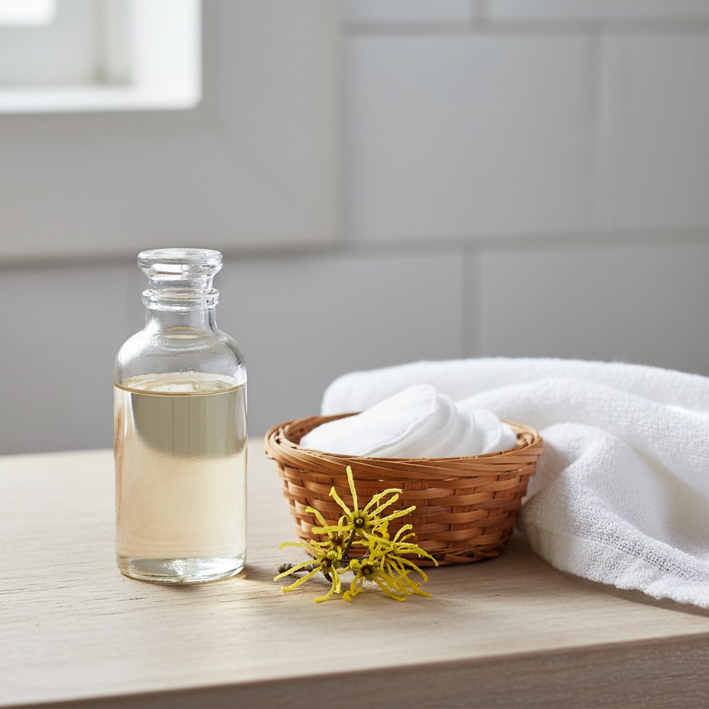 Bottle of witch hazel extract on a wooden vanity with cotton rounds in a small basket and a sprig of yellow Hamamelis virginiana flowers in winter bloom