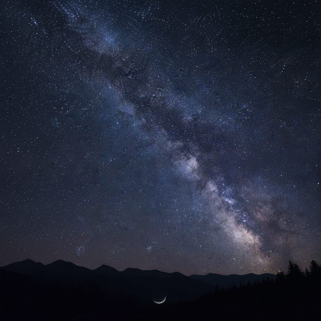 Starry night sky with faint zodiac constellation lines and a crescent Moon, marking Women's History Month in space