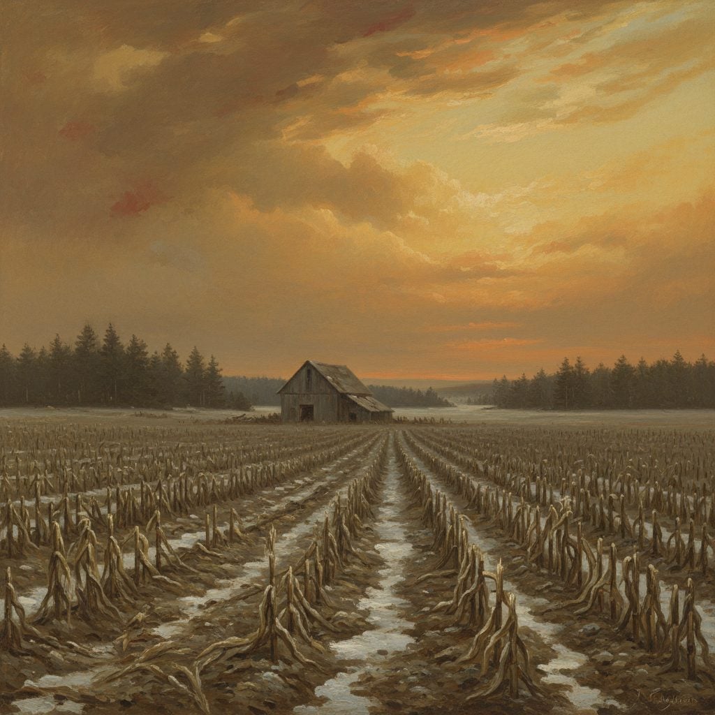 Frost-killed cornfield in summer 1816 under a yellow volcanic sky with weathered barn in the distance during the Year Without a Summer