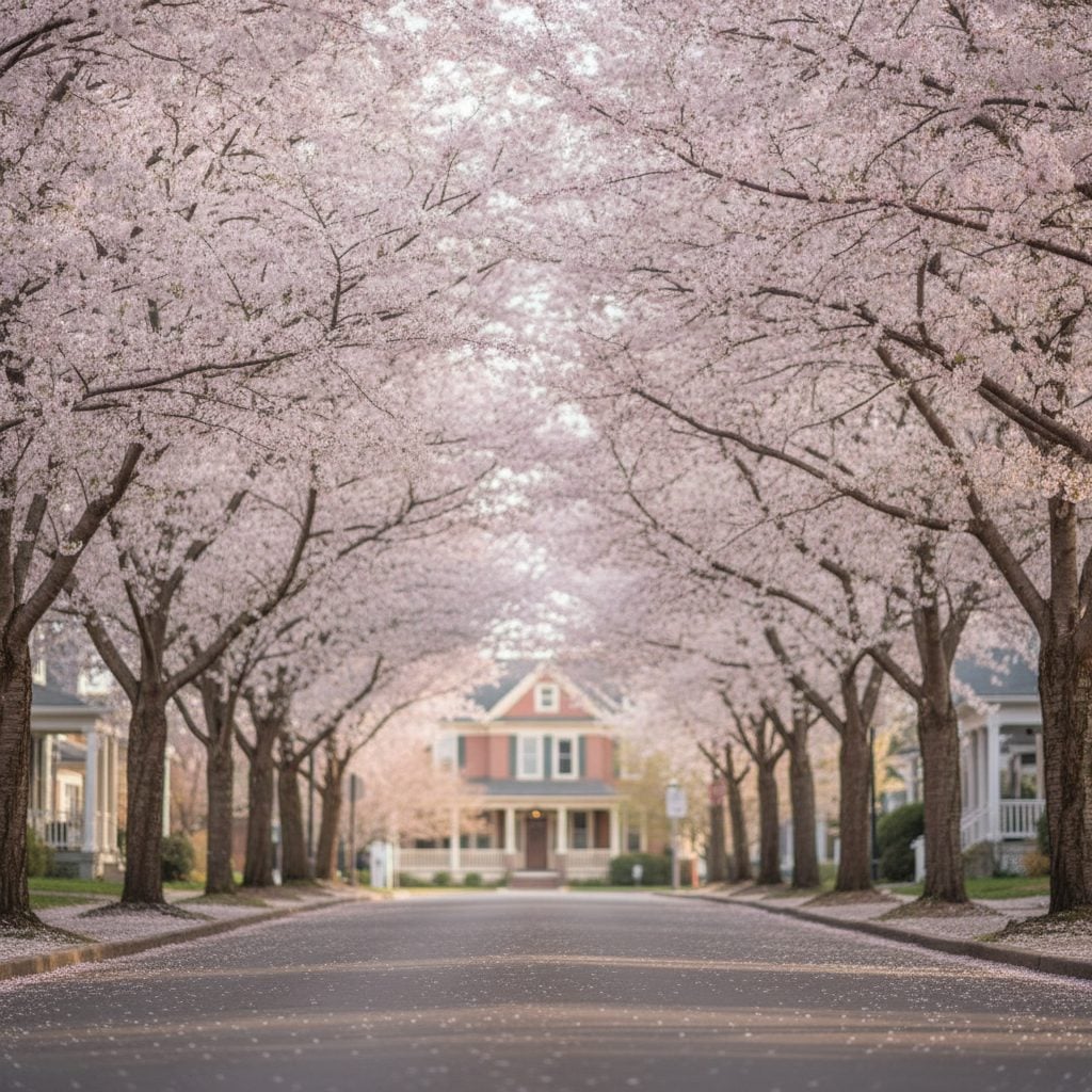 Row of yoshino cherry trees in pale-pink full bloom lining a quiet small-town American street in late April.