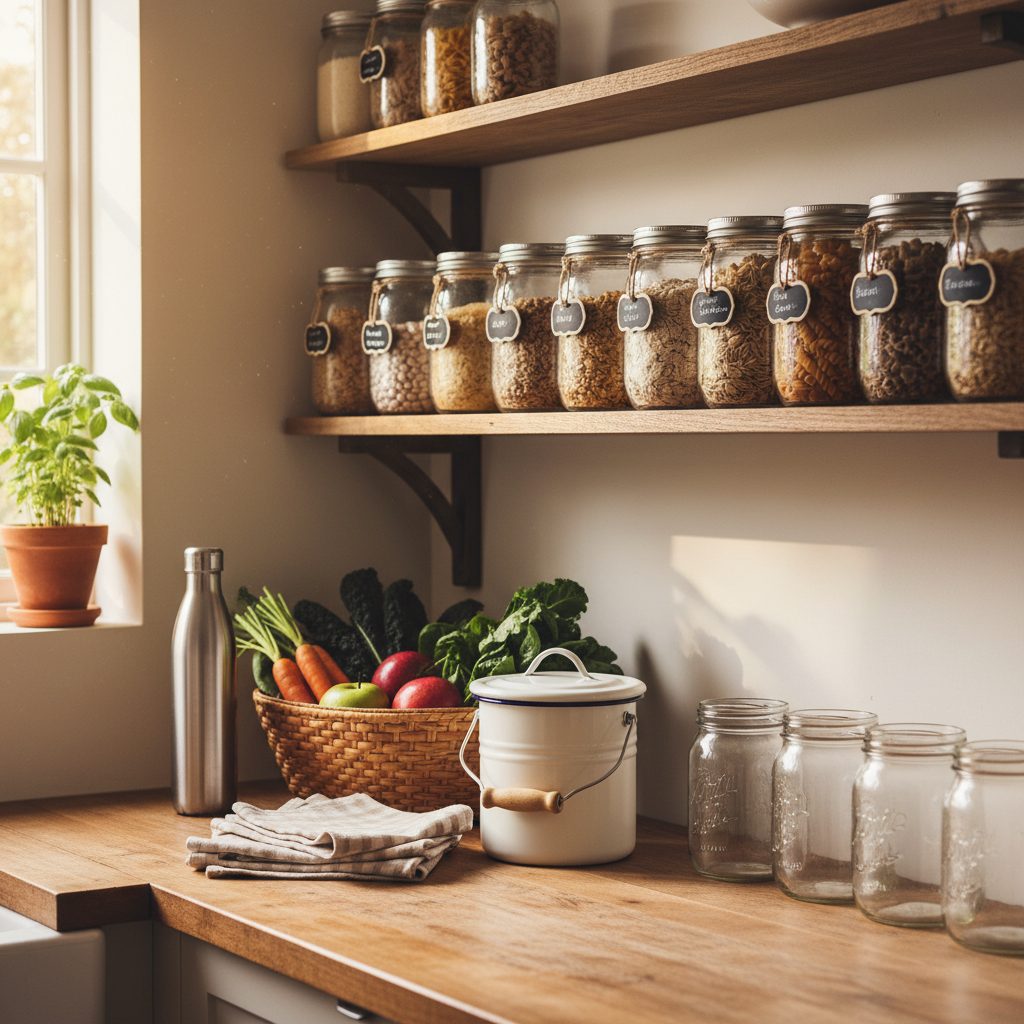 Zero-waste kitchen counter with glass mason jars of bulk dry goods, a compost pail, cloth napkins, farmer's market produce, and a reusable water bottle