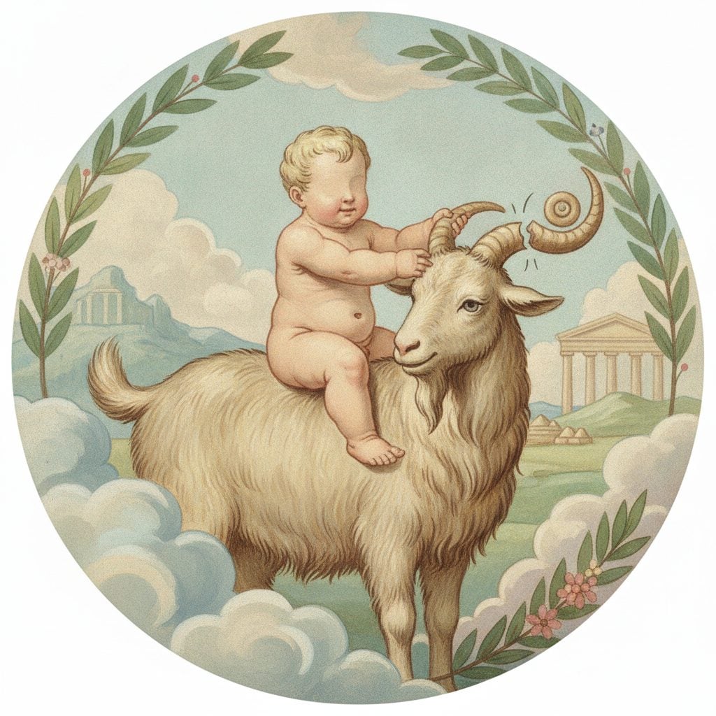 Painted mythological scene of infant Zeus playing with the goat Amalthea at the moment a horn breaks off in classical Greek pastel palette.