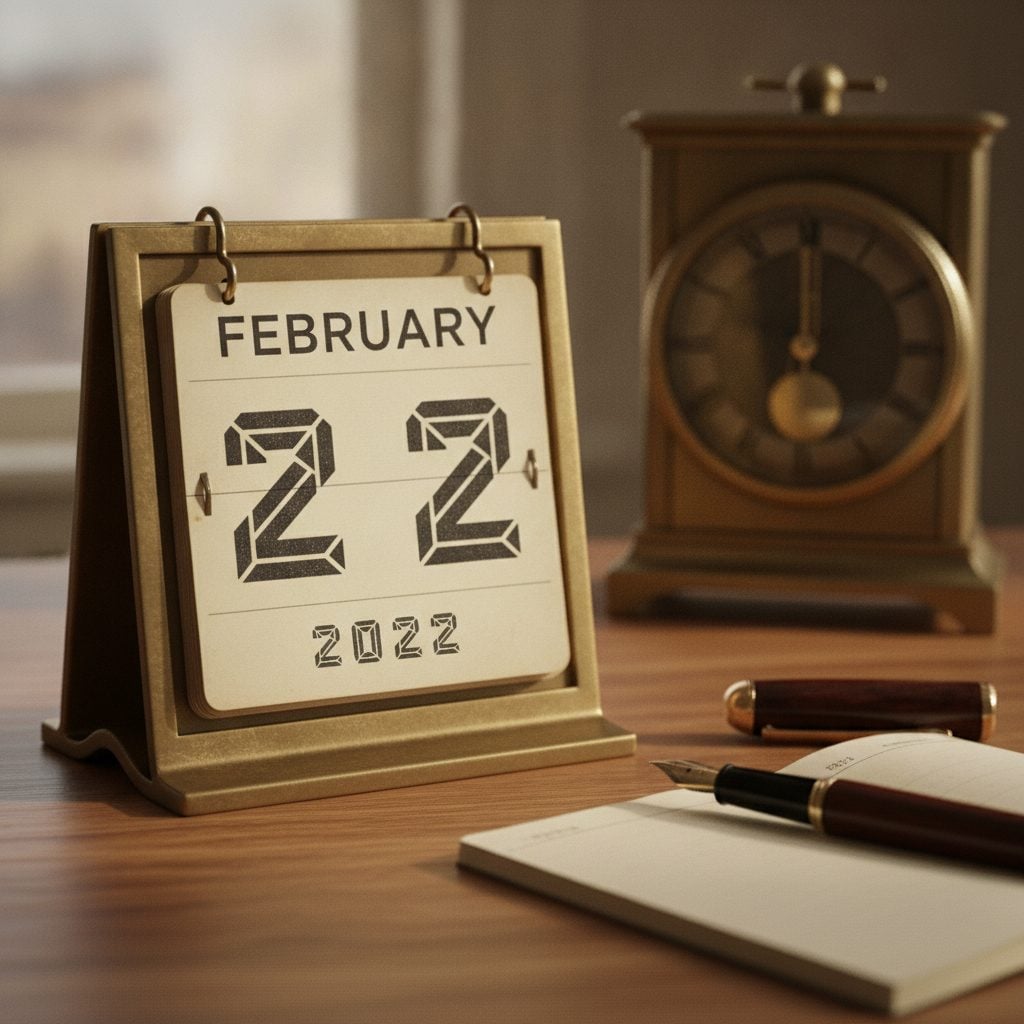 Vintage flip desk calendar showing February 22 2022 palindrome date on a wooden desk with fountain pen and antique clock in soft window light.