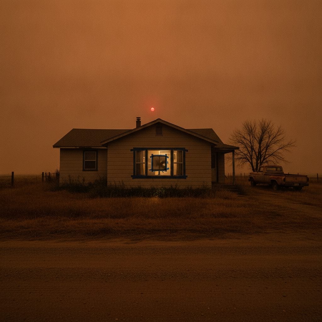 Rural home under orange wildfire smoke sky with a DIY box fan air purifier in the living room window showing safe practice during heavy air pollution