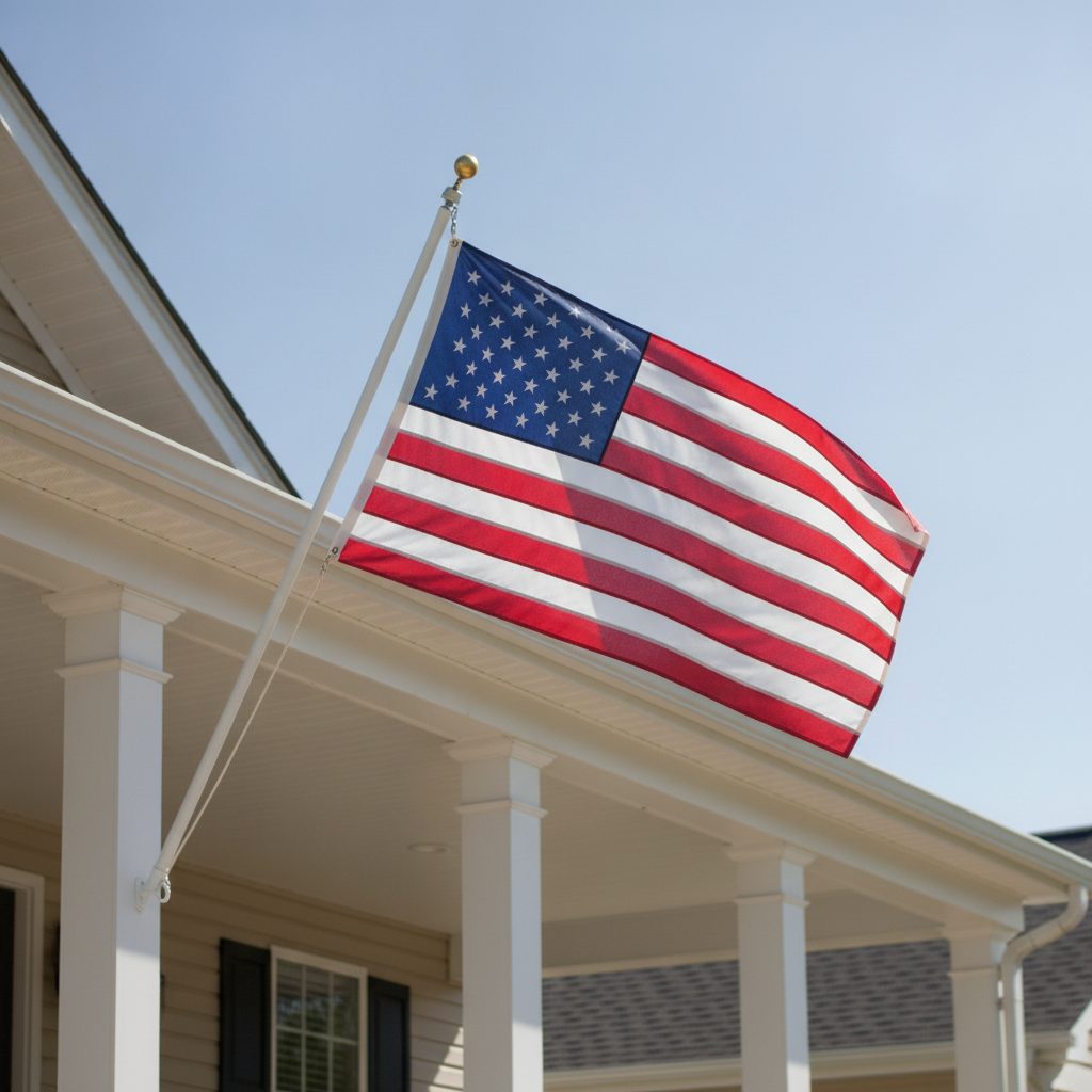 American flag waving on a white flagpole outside a columned porch, an example of proper American flag etiquette and display