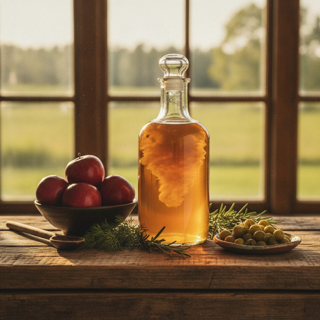 A glass jar of raw apple cider vinegar with the mother visible, next to apples, herbs, and pickled dandelion buds showing everyday apple cider vinegar uses.