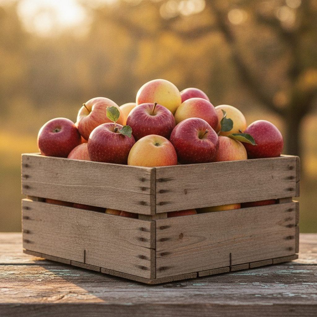 A wooden crate of freshly picked red and gold apples including Cosmic Crisp, on a rustic orchard table in autumn light