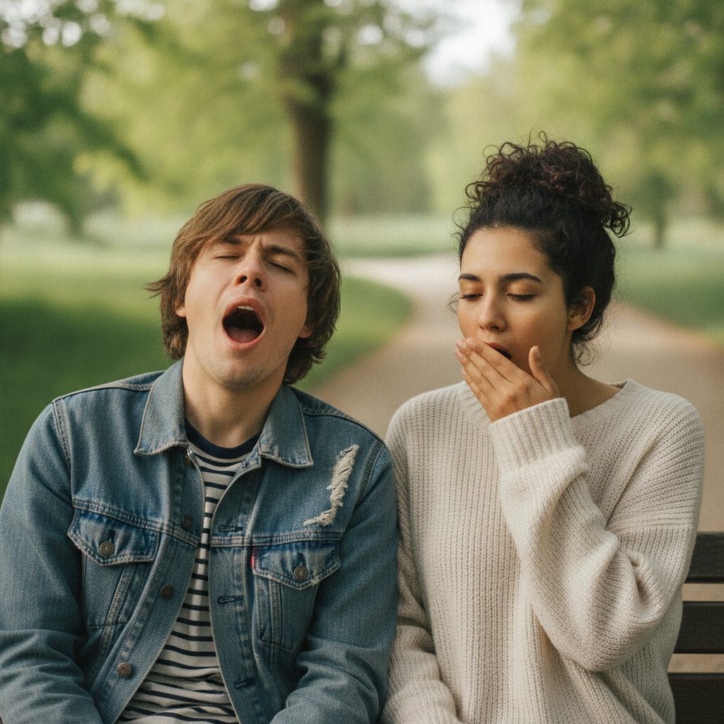 Two friends on a park bench, one mid-yawn with eyes closed, the other beginning to yawn in a contagious yawn chain.