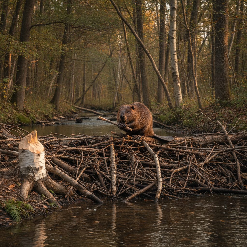 North American beaver sitting at the edge of a stick and mud dam on a small woodland stream, gnawed birch stump on the bank.