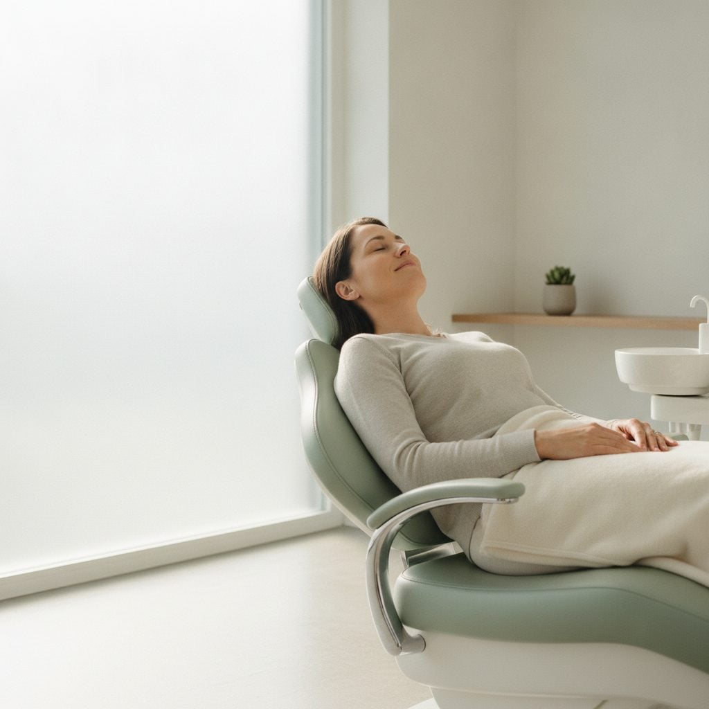 A relaxed adult patient reclined in a modern dental chair in a naturally-lit calm treatment room