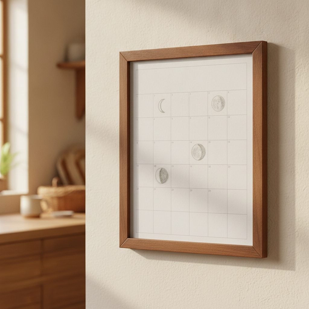A wooden wall calendar in a warm kitchen with lunar phase symbols pencilled by certain dates for scheduling dental work