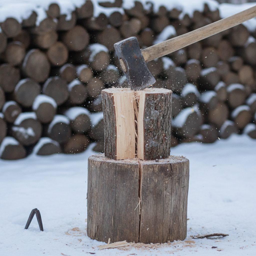 A splitting maul striking a frozen log on a chopping block in the snow, showing the best time to split wood