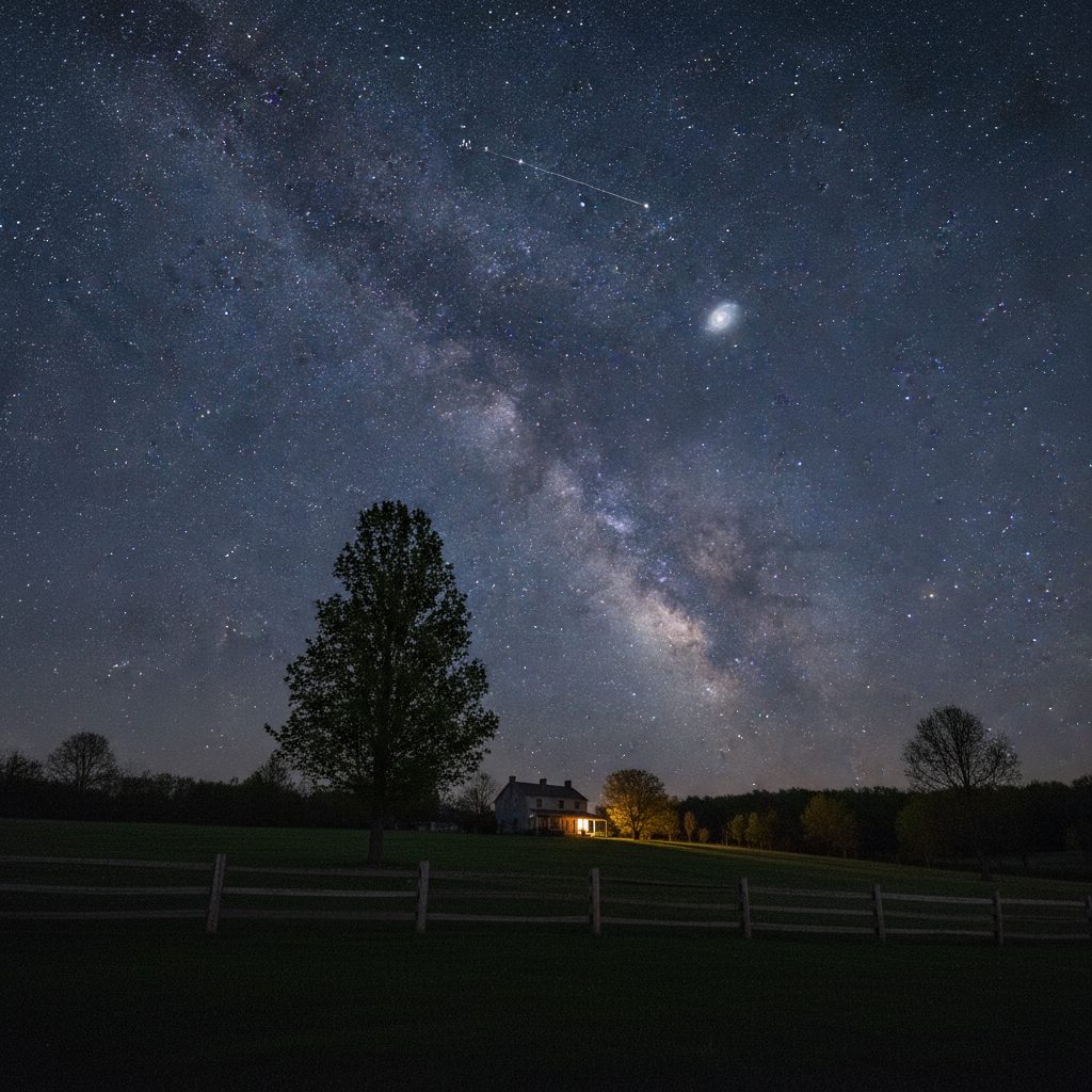 Canes Venatici constellation and Cor Caroli star shining above a quiet rural farm field on a clear May night in North America
