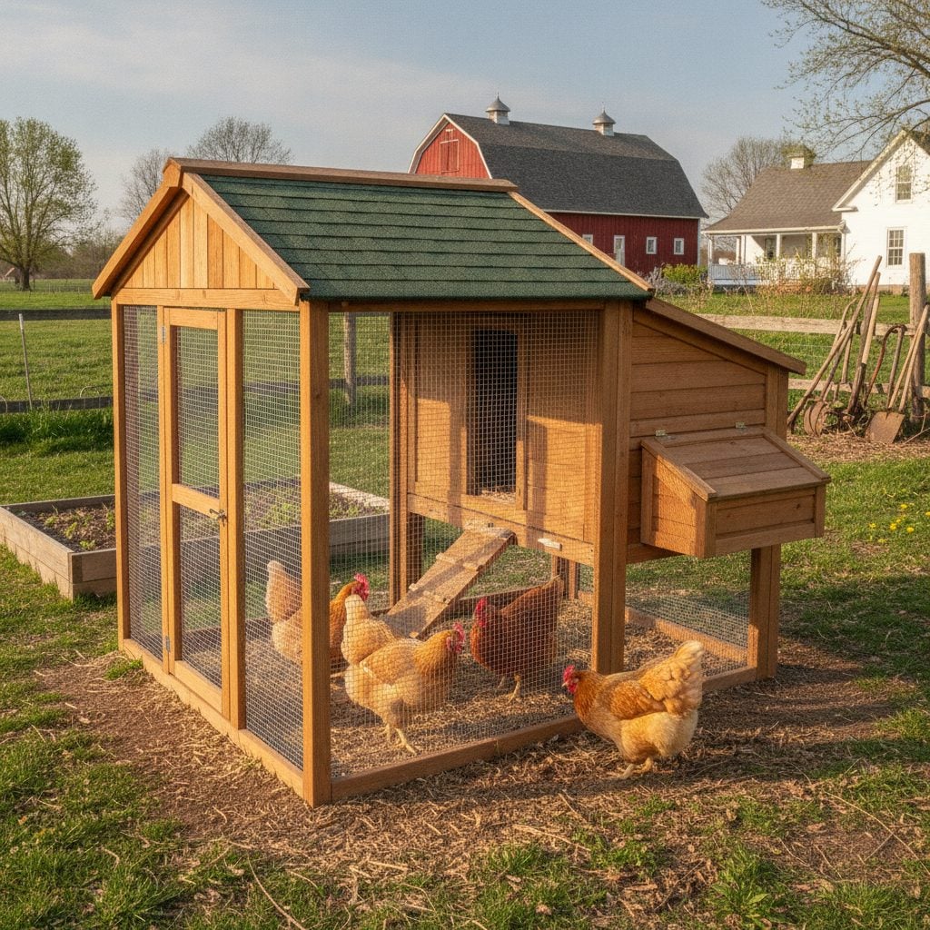 Predator-proof backyard chicken coop and run with Buff Orpington and Rhode Island Red hens on a North American homestead in spring