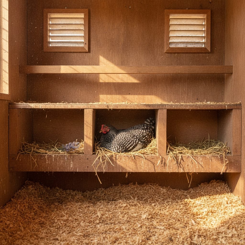 Interior of a clean chicken coop showing three nesting boxes, high roost bar, and open ventilation vents for a small backyard flock