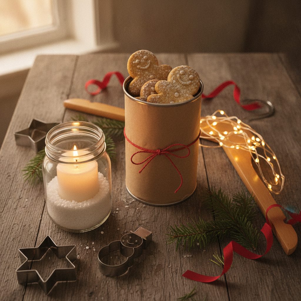 Christmas holiday hacks laid out on a farmhouse table: Pringles can cookie shipper, Mason jar Epsom salt luminary, and lights wound on a clothes hanger.