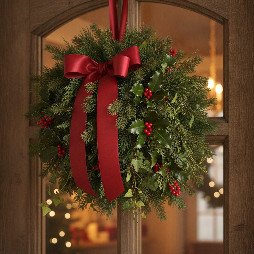 Fresh evergreen Christmas kissing ball with red ribbon and holly berries hanging in a rustic doorway