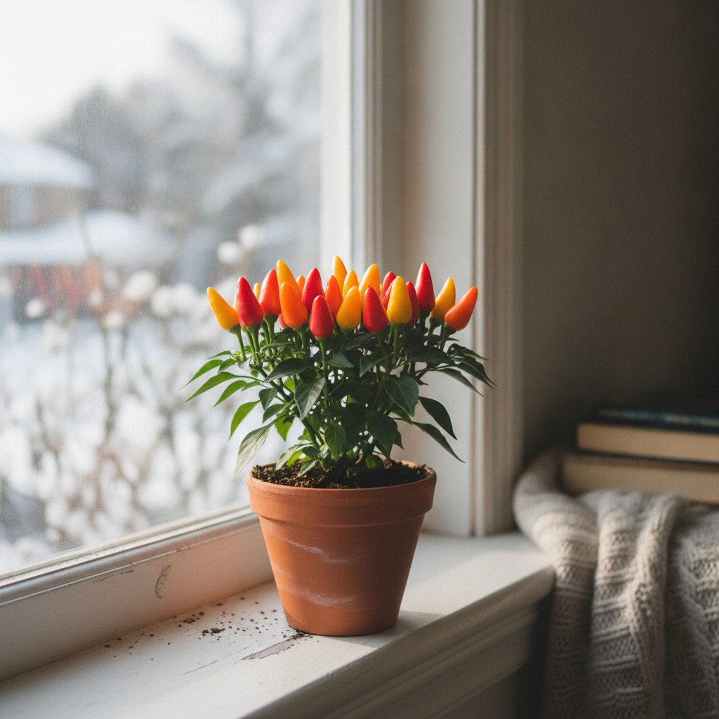 Potted Christmas pepper plant on a windowsill with red, orange, and yellow ornamental peppers among deep green leaves