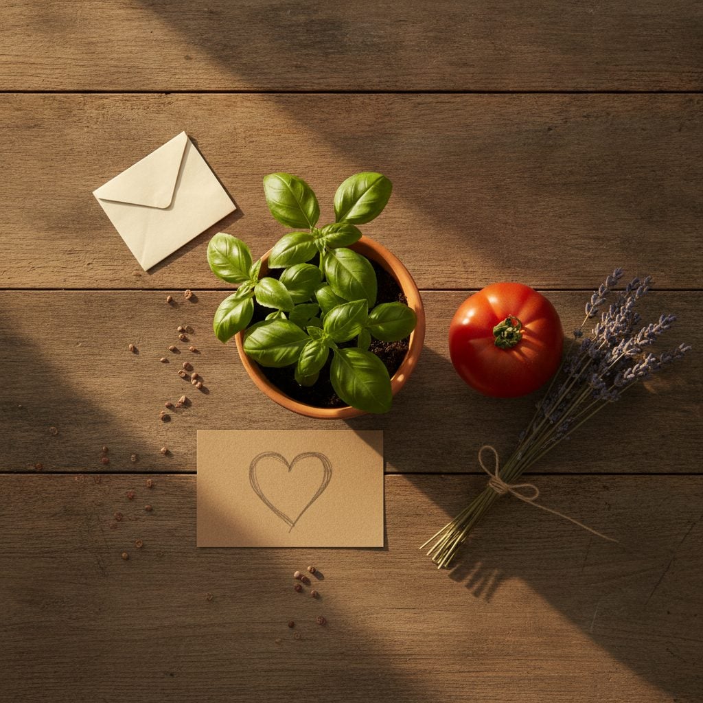 Rustic gardening flat lay with a Valentine card, basil in a terracotta pot, a heirloom tomato, lavender, and seed packets showing companion plant valentine puns for the 2026 kitchen garden.