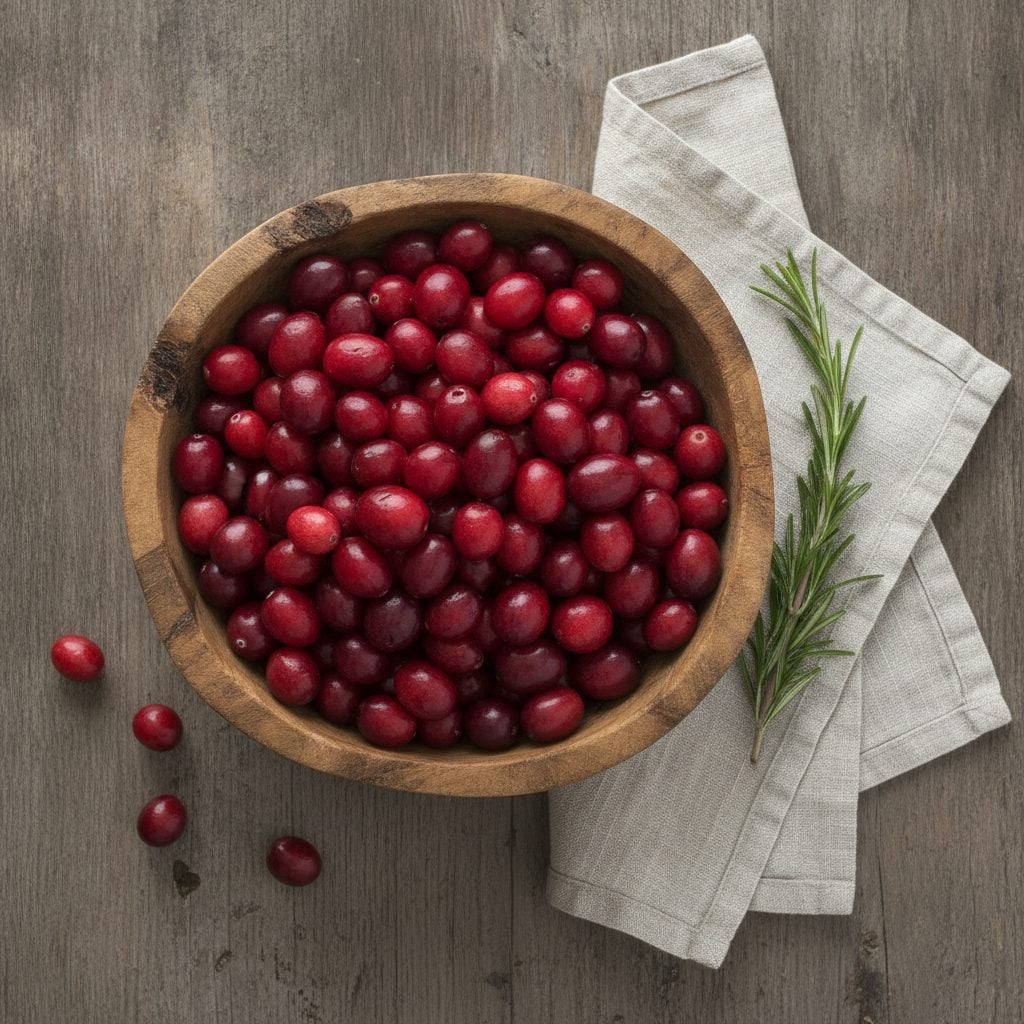 Bowl of fresh cranberries on a rustic farmhouse table, illustrating the health benefits of cranberries as a low-sugar antioxidant superfood.