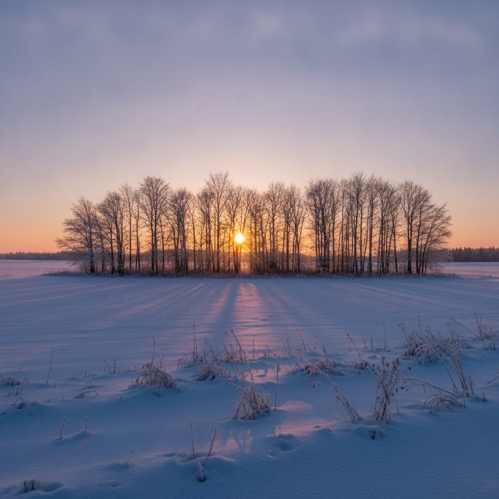 A low orange winter sun setting behind bare trees over a snowy field, the earliest sunset of the year in early December