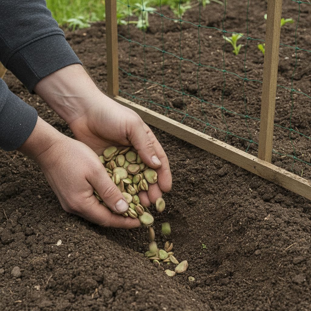 Gardener's hands planting peas and fava beans in dark damp soil for early-season planting, with a pea trellis behind