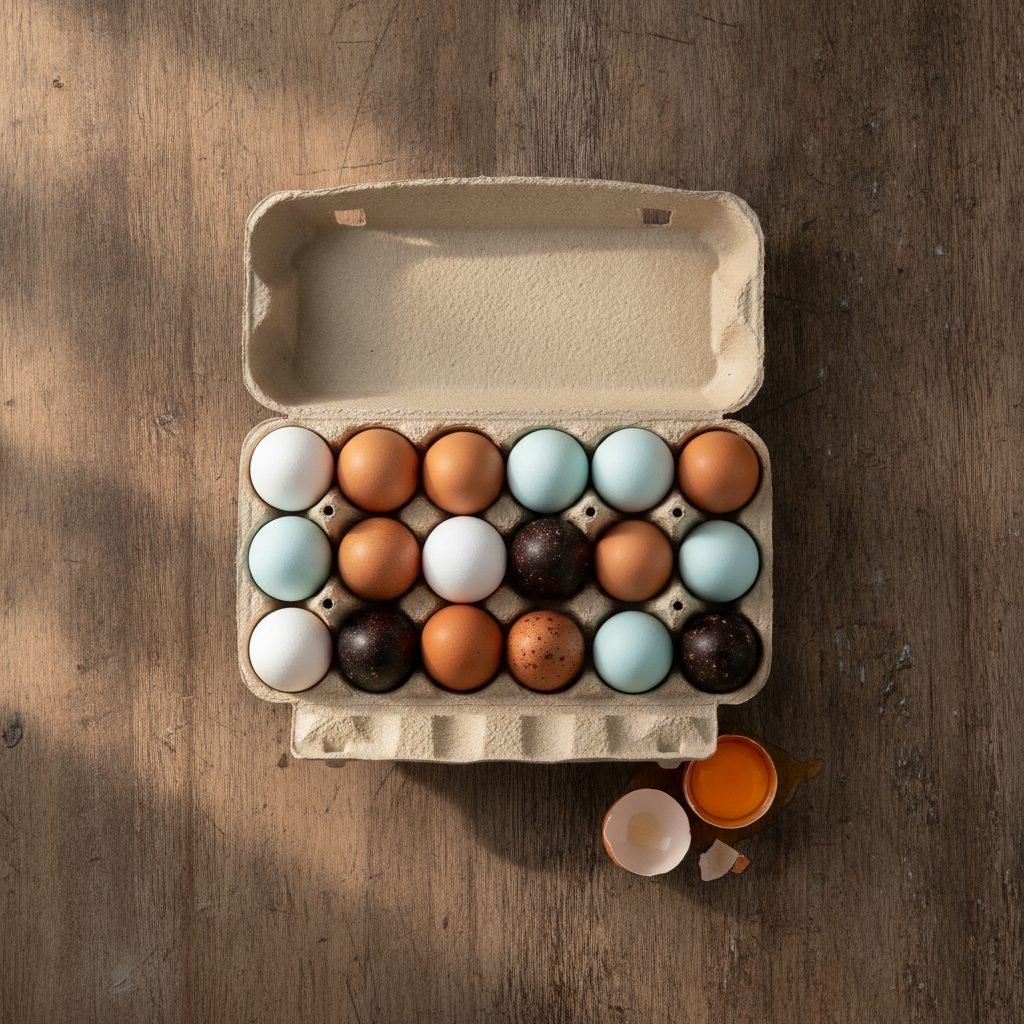 Open cardboard egg carton on a rustic farmhouse table filled with white, brown, blue, and dark chocolate eggs, one cracked egg showing a deep orange yolk.