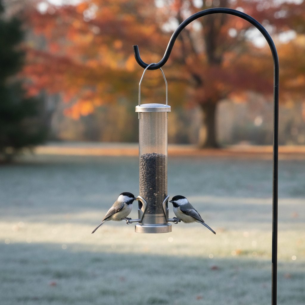 Two black-capped chickadees feeding on black oil sunflower at a tube-style fall bird feeder in a frosty backyard.