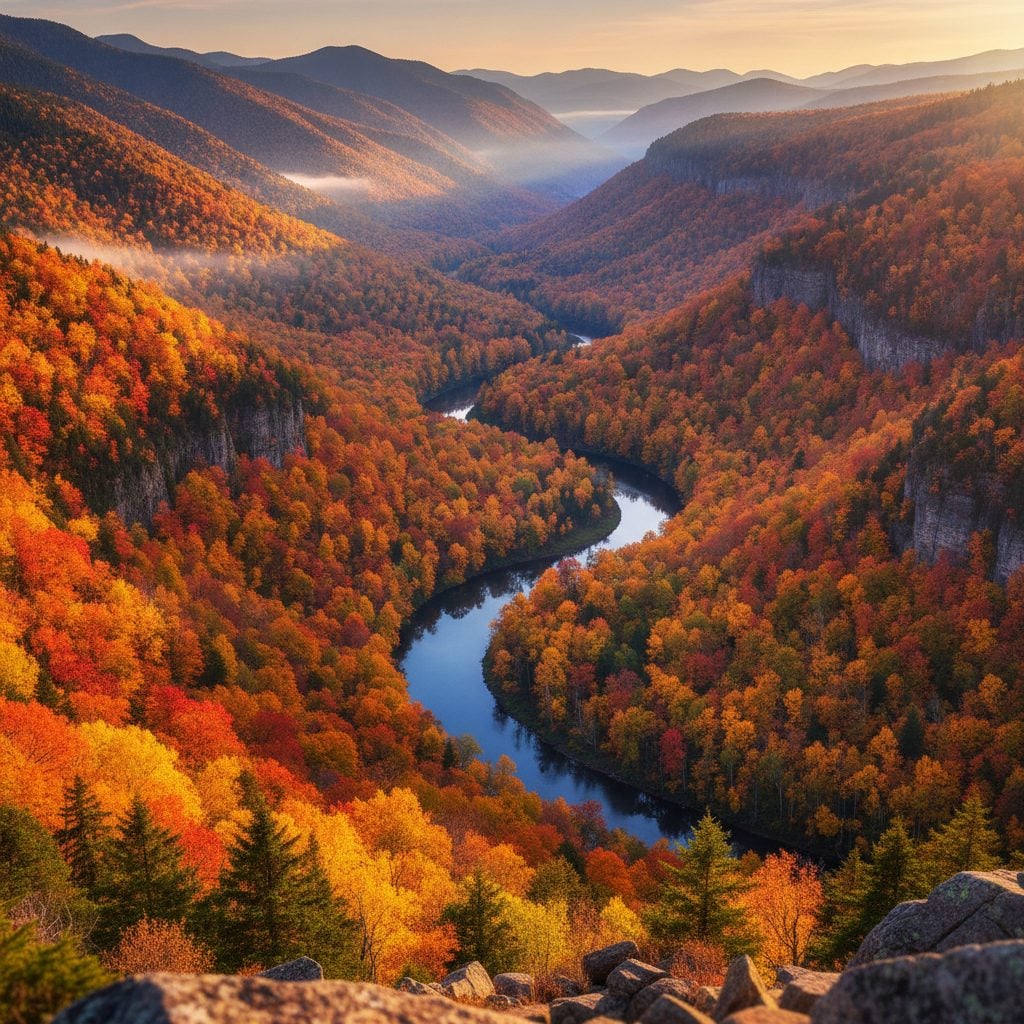 Peak-week fall foliage over a US mountain gorge at sunrise, one of the classic fall foliage destinations covered in this 2026 guide.