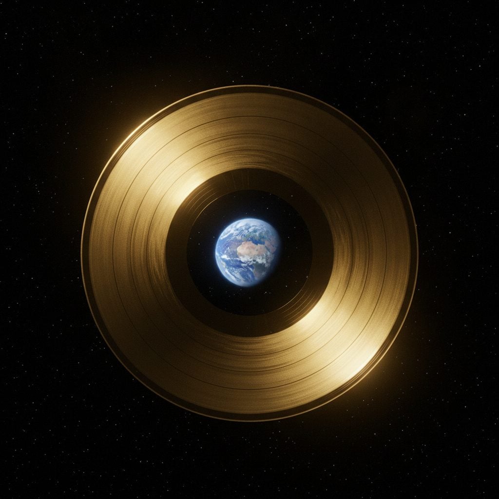 A shimmering gold vinyl phonograph record floating in deep space with Earth in the background, echoing the Farmers Almanac goes to space April Fools story