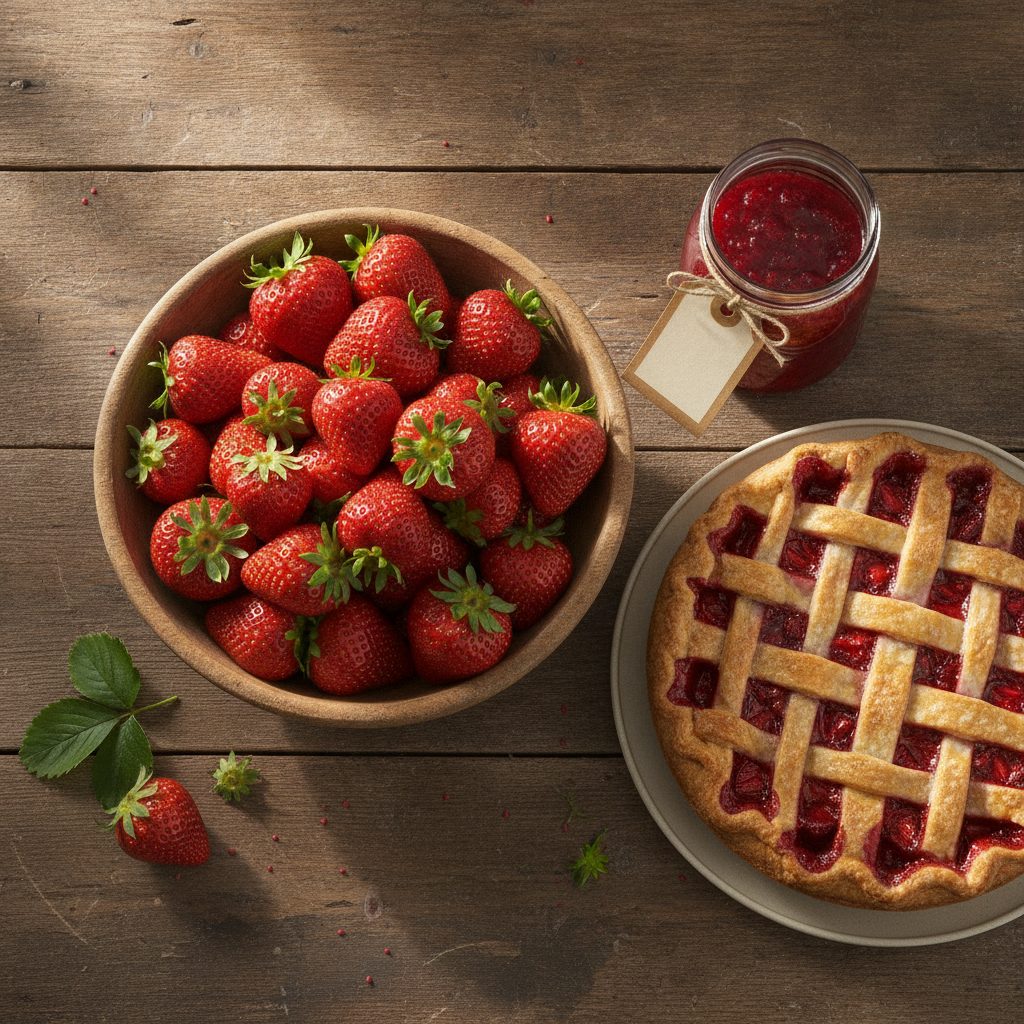 Fresh ripe strawberries, a homemade strawberry pie, and a jar of jam on a farmhouse table for the Farmers' Almanac Recipe Contest