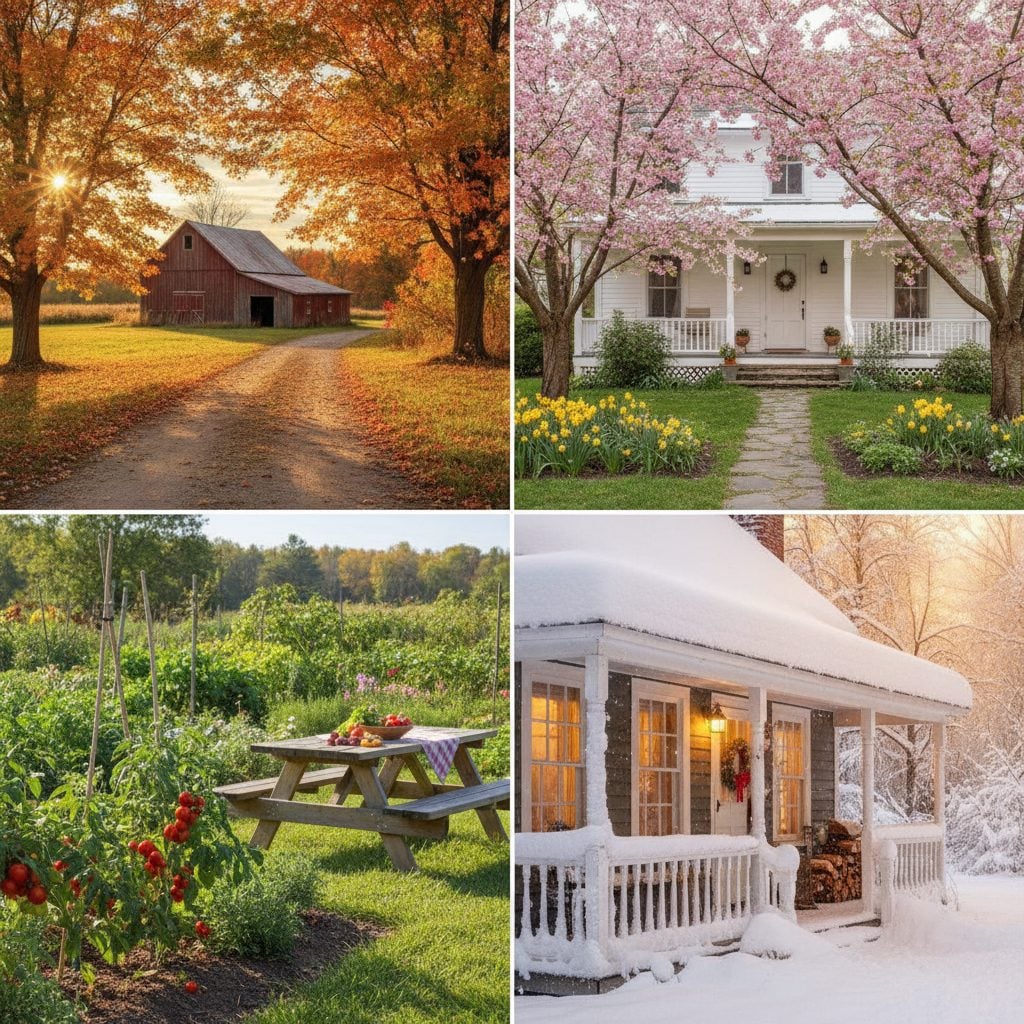 Favorite season poll shown as four seasons collage, autumn barn lane, spring cherry blossoms, summer garden, and snowy New England porch