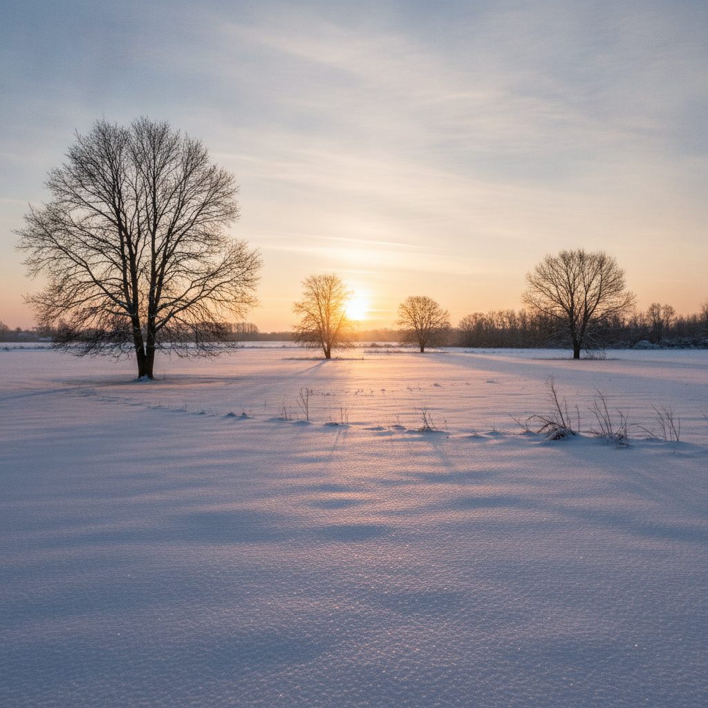Golden February sunrise over a snowy field with bare trees, showing the daylight gain in February as days grow longer