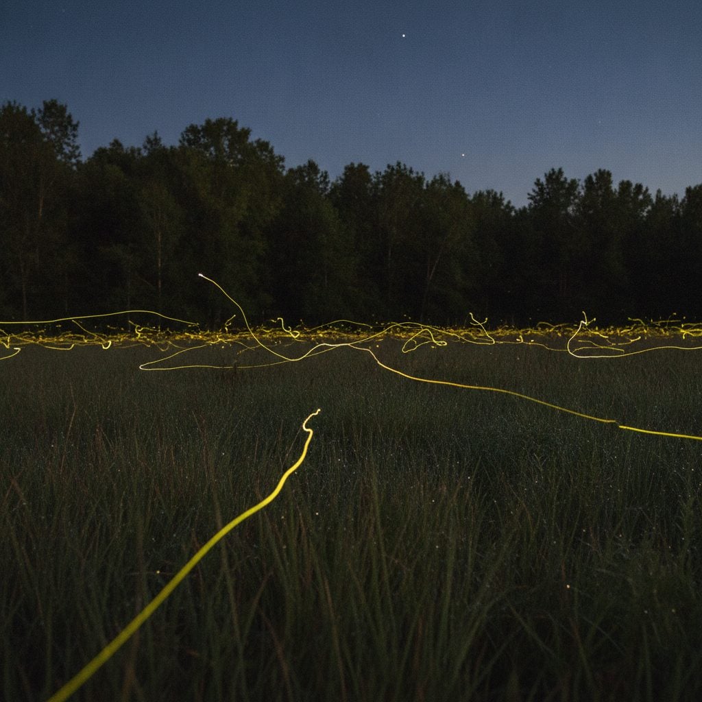 Fireflies glowing over a dewy summer meadow at dusk, a scene growing rarer as fireflies are disappearing